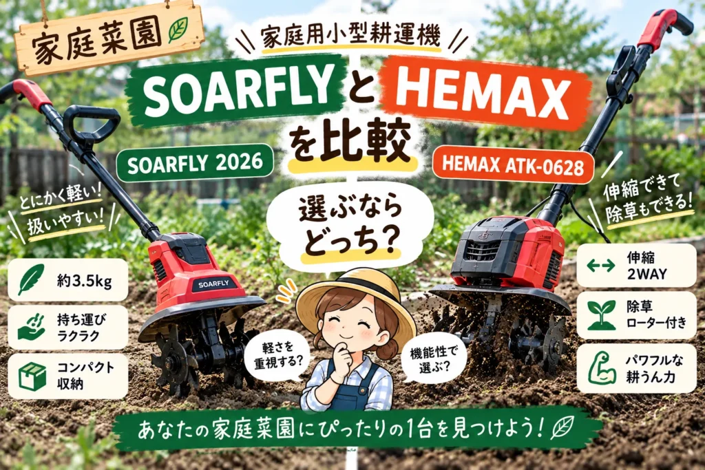 「SOARFLY」と「HEMAX ATK-0628」を比較|家庭菜園向け小型耕運機はどっちがおすすめ?